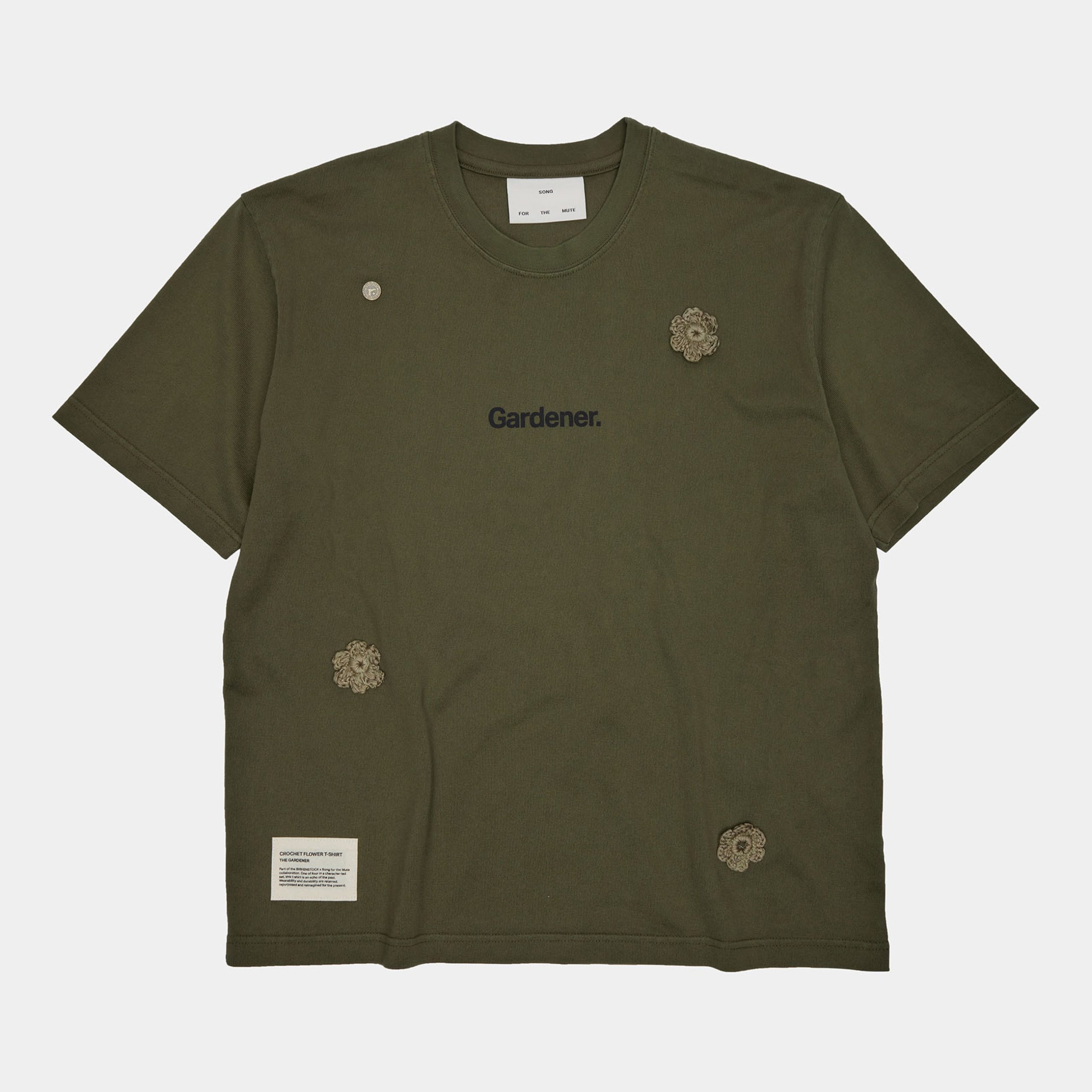 The Gardener Crochet Flower T-Shirt Overdyed Army Green Cotton