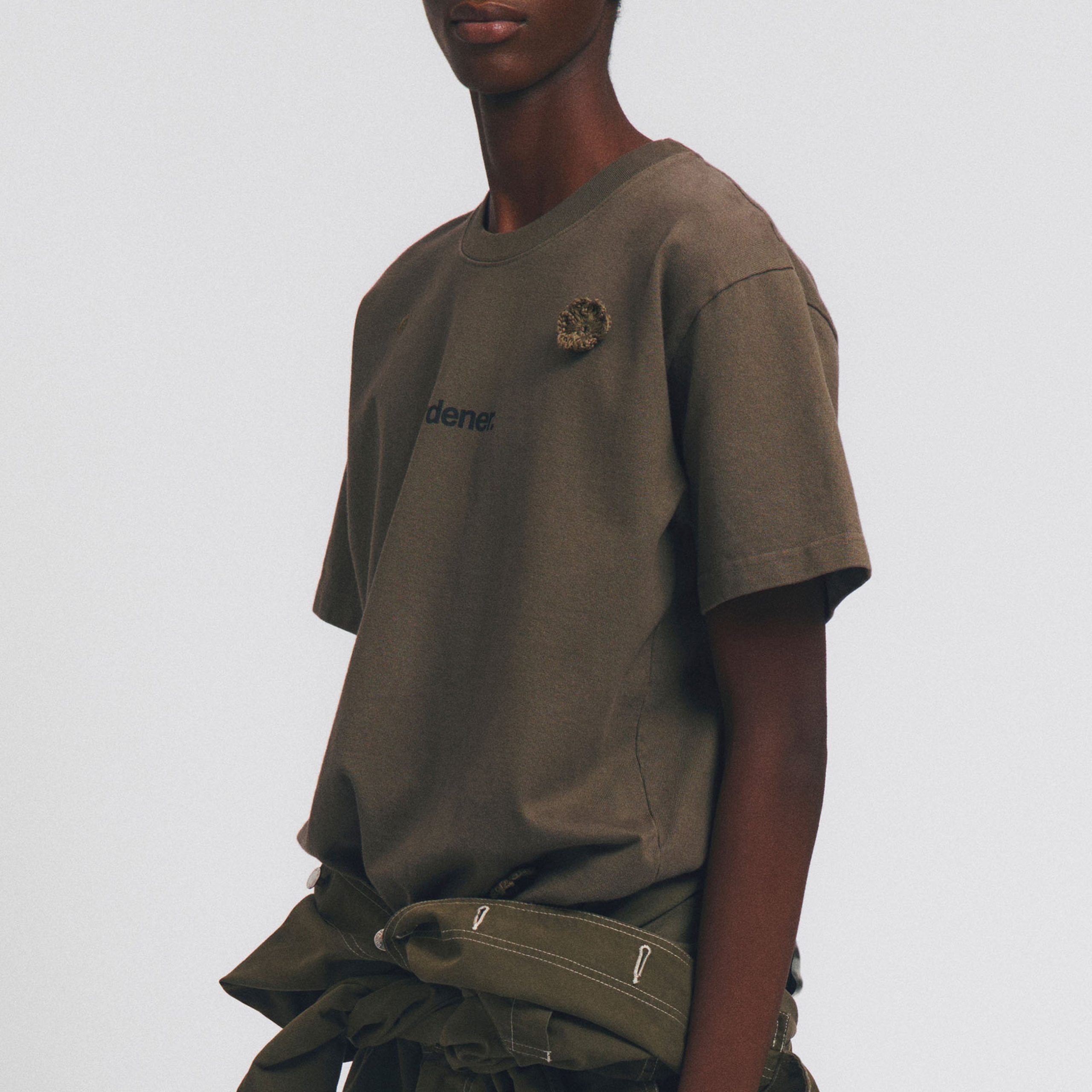 The Gardener Crochet Flower T-Shirt Overdyed Army Green Cotton - Image 3